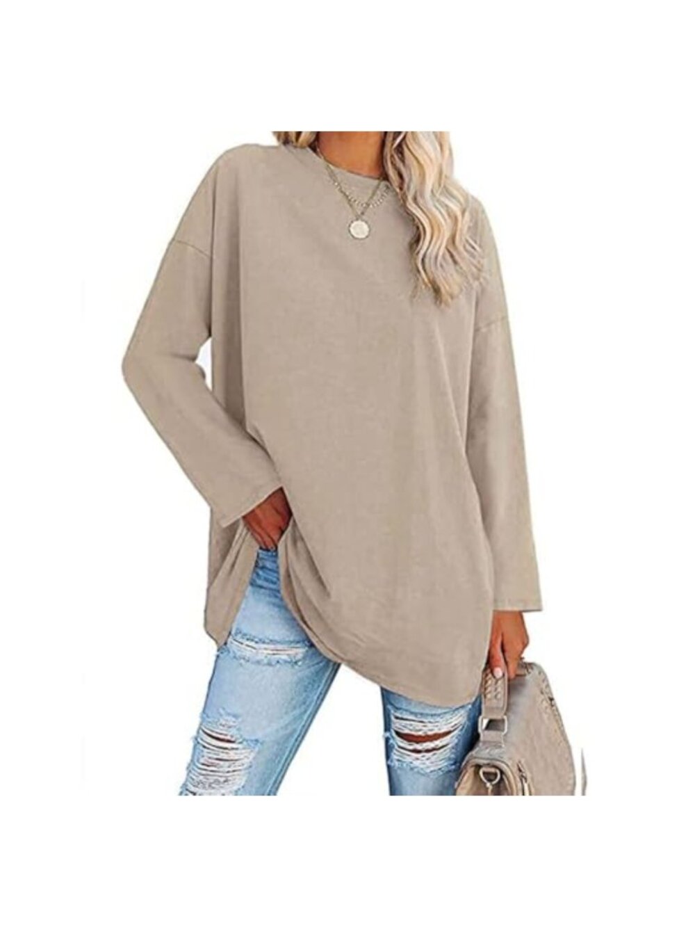 Oversized Cotton Tee Womens Long Sleeve Crewneck Pullover Tunic Top